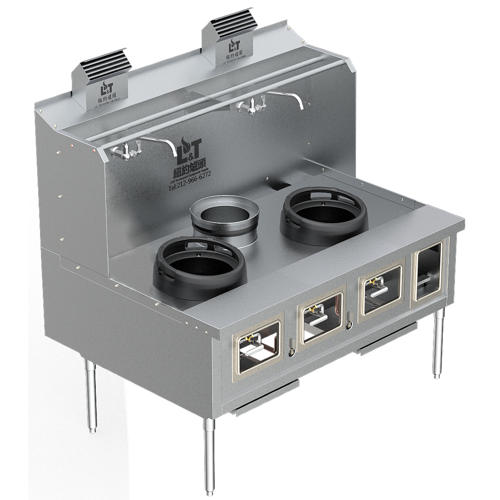 Custom Made Back Drainage Ductile Iron Wok Range New York Hong Kong Style 2 Burners + 1 Soup Pot