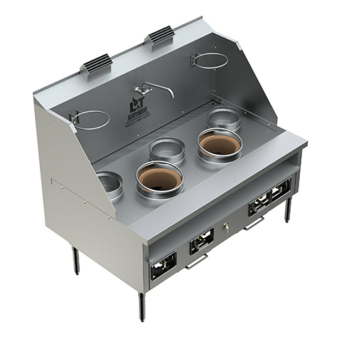 Back Drainage Ductile Iron Wok Range Hong Kong Style 2 Burners + 3 Soup Pots