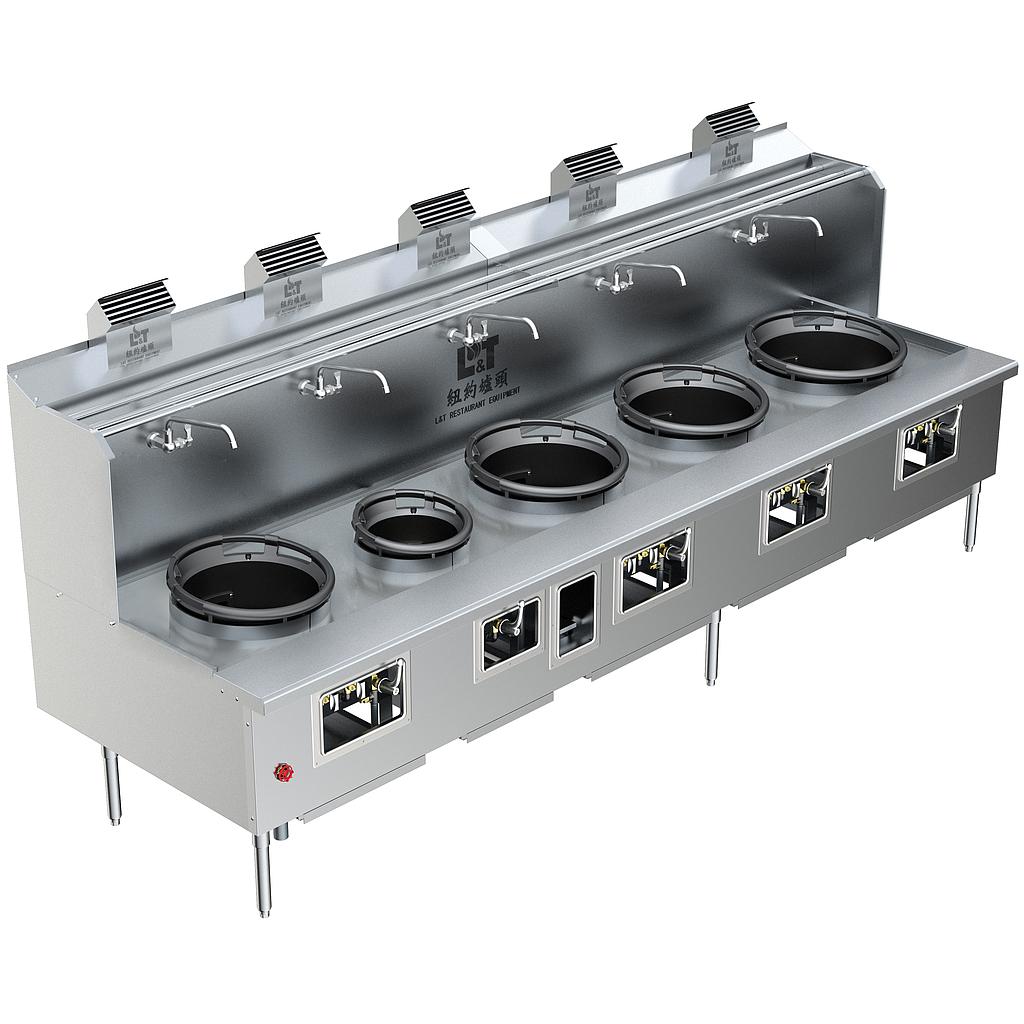 Custom Made Back Drainage Ductile Iron Wok Range 5 Burners